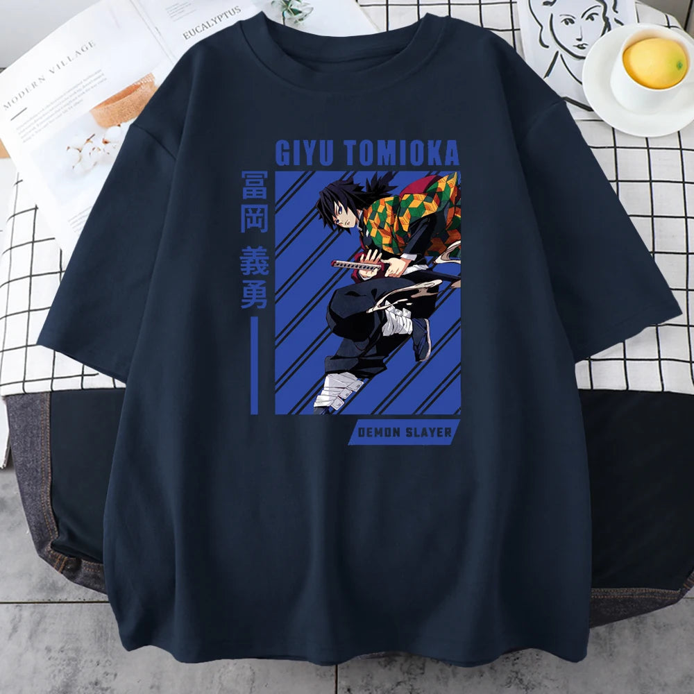 Giyu Tomioka Anime Demon Slayer Prints Mens Cotton T-Shirts Personality Trend Casual Short Sleeve All-math Oversize Man Clothing