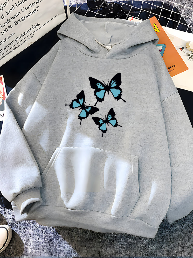 Hirsionsan Butterflies Print Women Sweatshirt Soft Casual Loose Female Hoodies 2023 Winter New Warm Fleece Tops for Girls