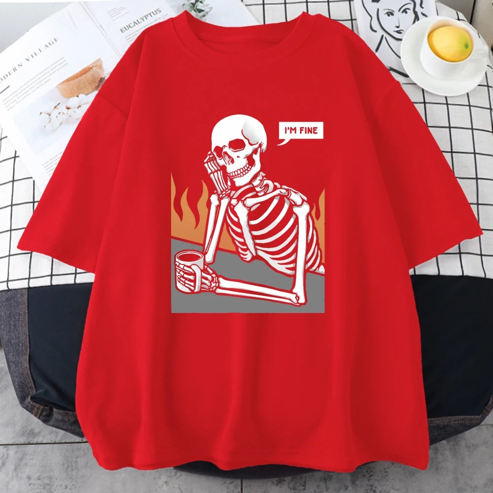 Skeletons In Meditation And Keep Alone Prints Mans Cotton Short Sleeve Personality Street Hip Hop Clothing Casual Men T-Shirts