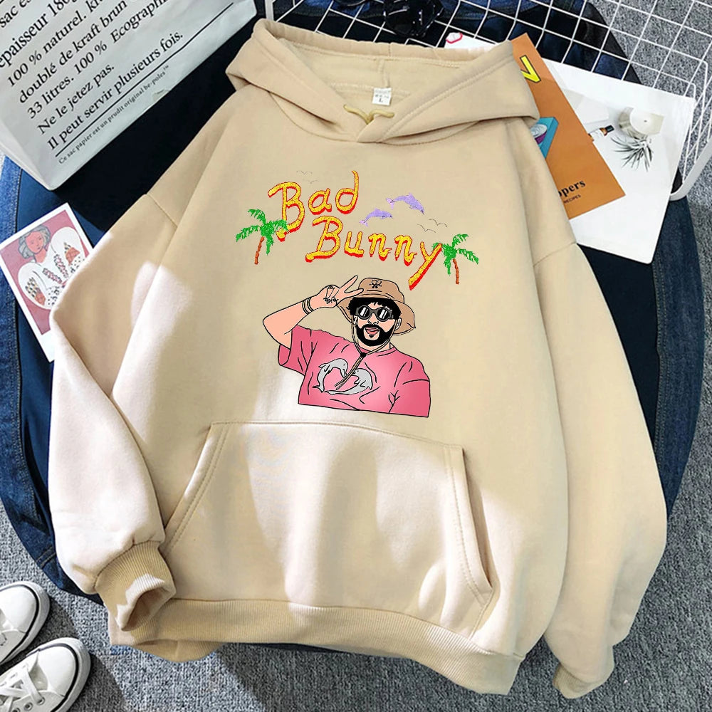 Bad Bunny Beach Vacation Print Women Clothing Fashion Oversize Hoodies Creativity Fleece Streetwear Casual Soft Womens Hoodie