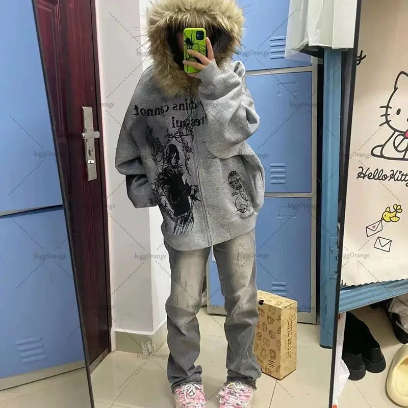 Gothic Punk Harajuku Big Fur Collar Jacket European and American Fashion Animation Printed Hoodie Casual Versatile Sweatshirt