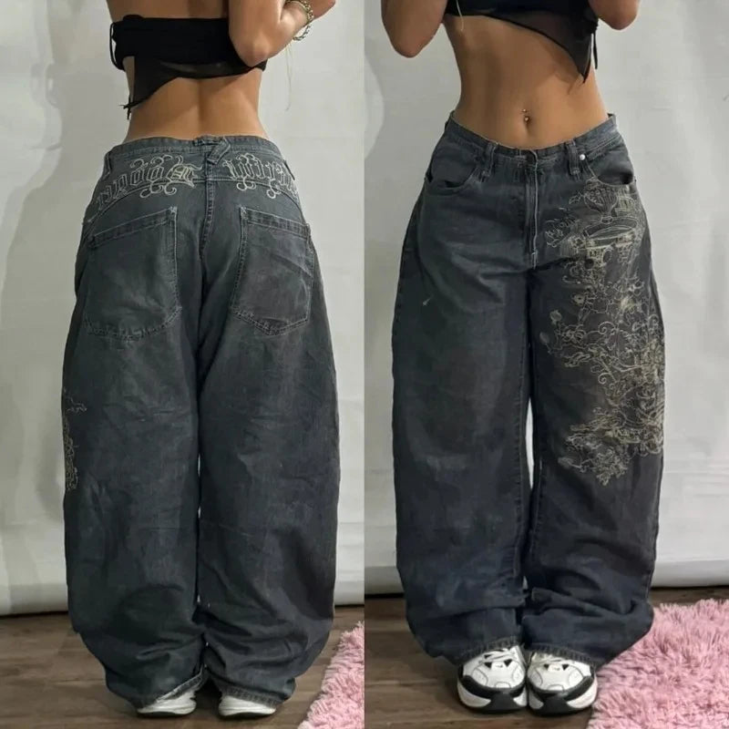 American Hip Hop New Big Pocket Baggy Casual Jeans Women Y2K Gothic Vintage Joker Fashion High Waist Wide Leg Denim Trousers