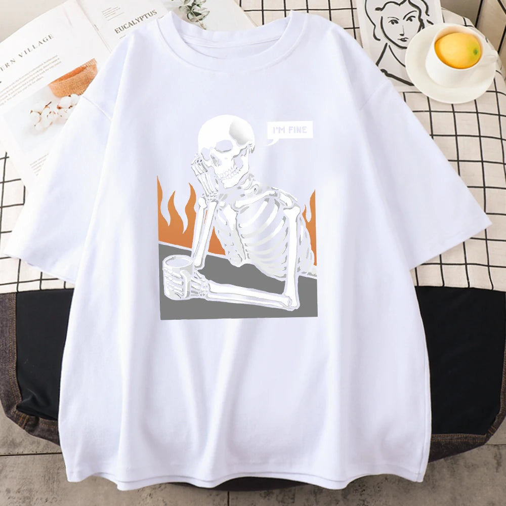 Skeletons In Meditation And Keep Alone Prints Mans Cotton Short Sleeve Personality Street Hip Hop Clothing Casual Men T-Shirts