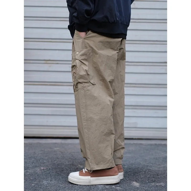 Spring Autumn Solid Color Pockets Elastic High Waisted Casual Loose Fashionable Retro Men's Clothing Trousers Cargo Pants