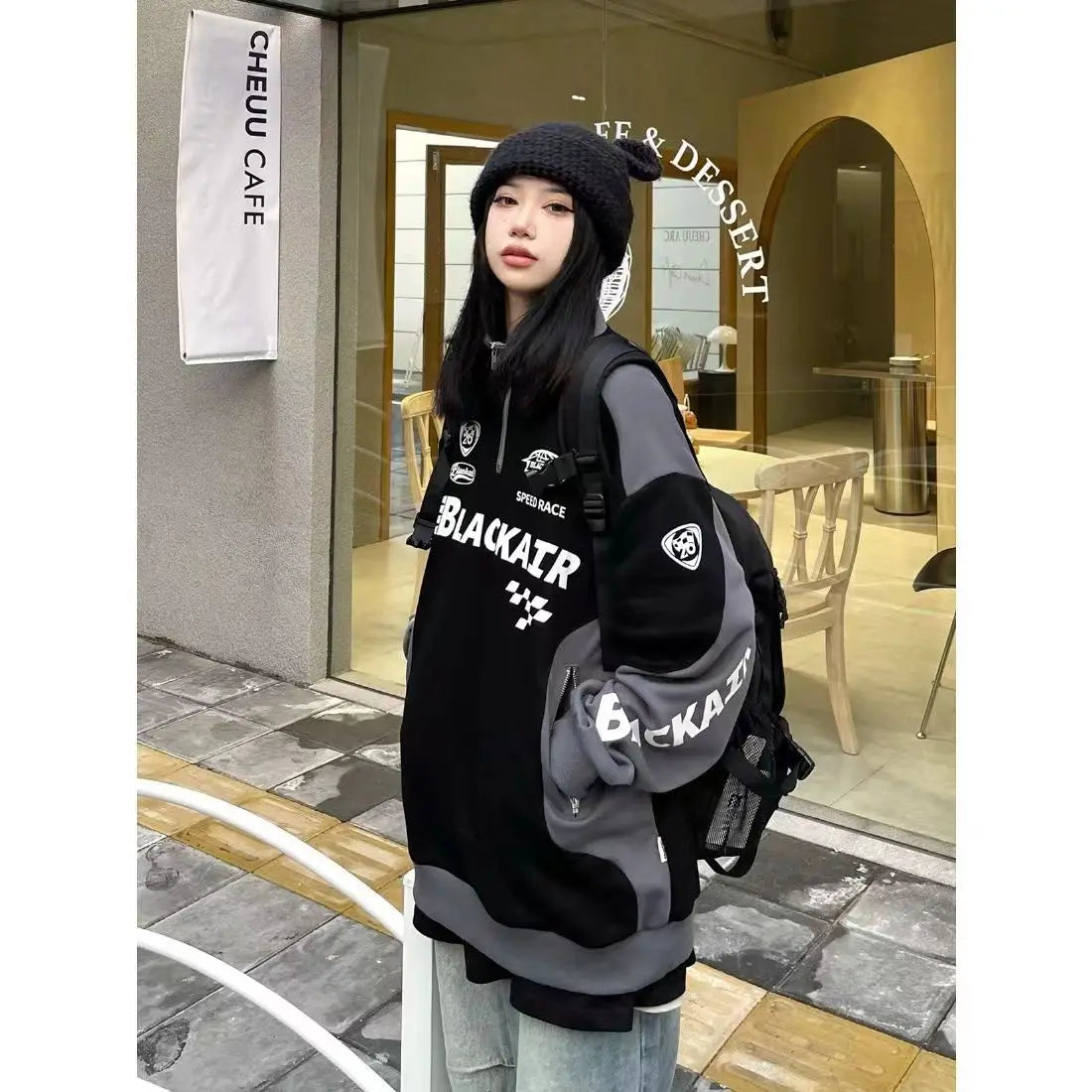 American retro street alphabet print stitching stand collar sweater men and women spring and autumn tide brand sports top