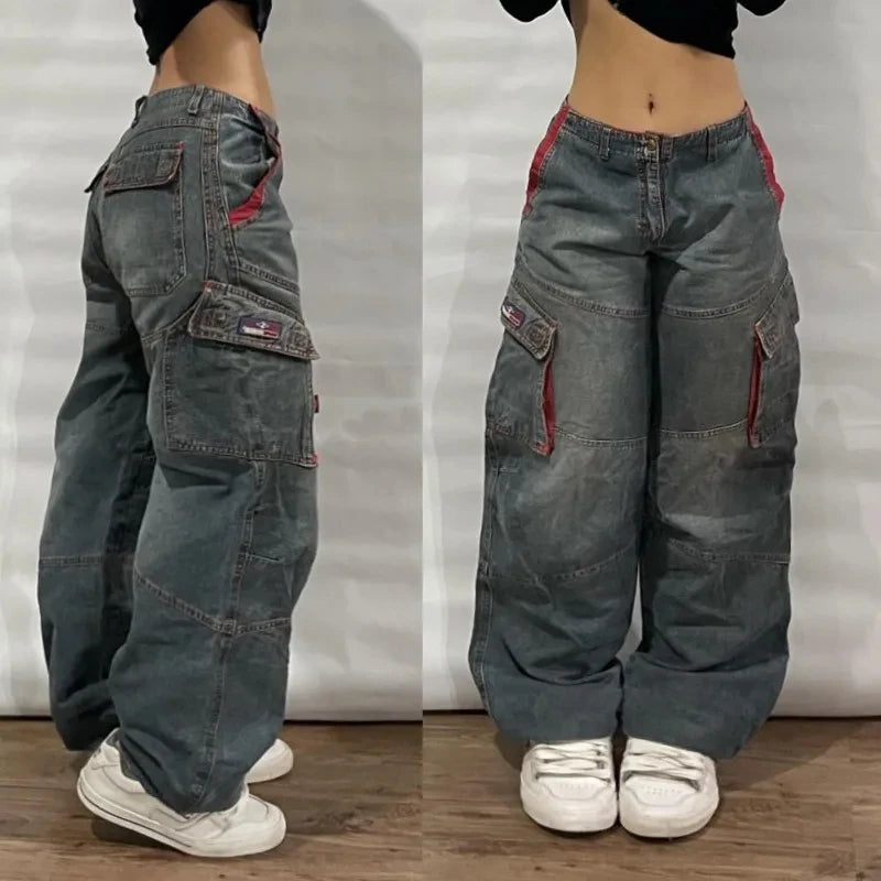 American Hip Hop New Big Pocket Baggy Casual Jeans Women Y2K Gothic Vintage Joker Fashion High Waist Wide Leg Denim Trousers