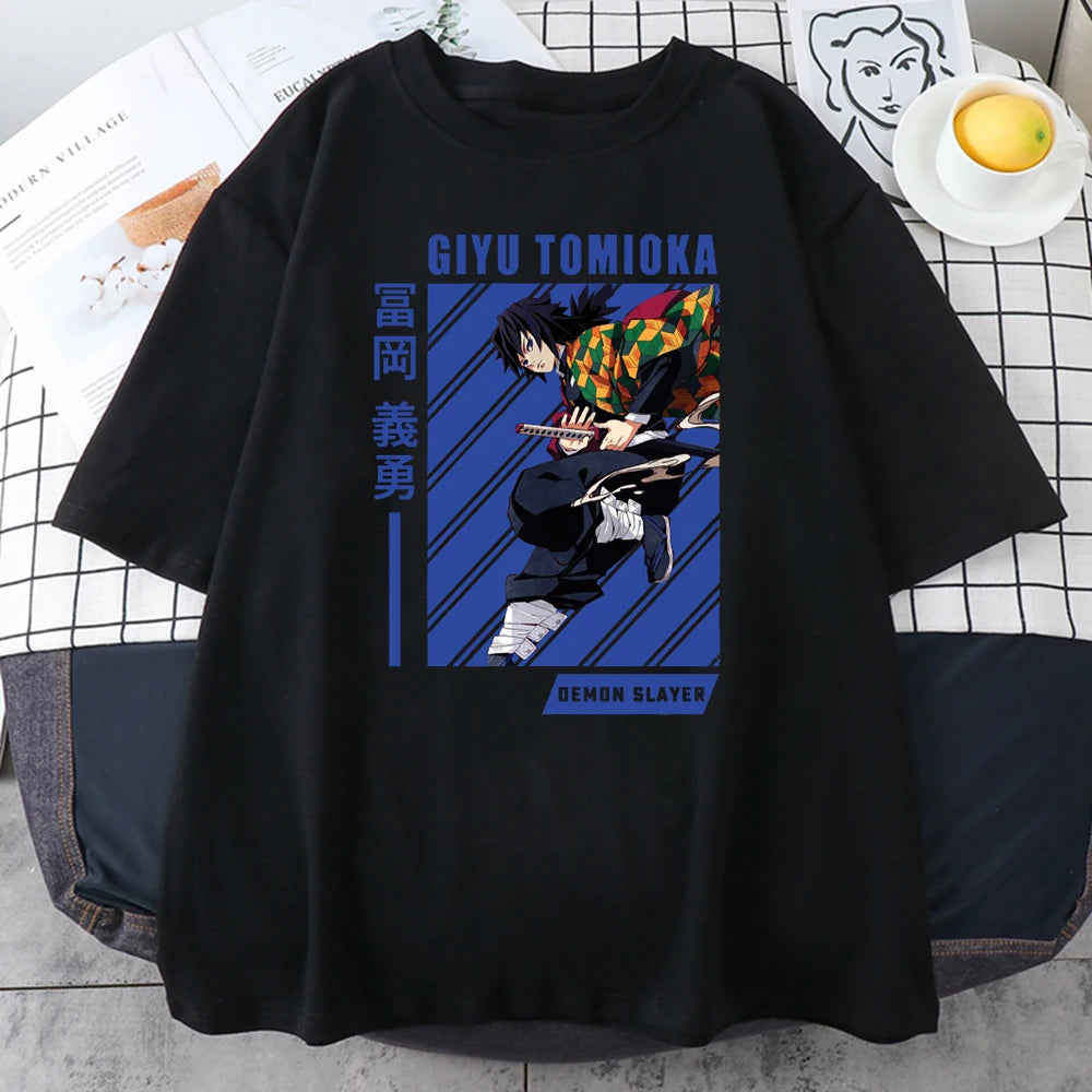 Giyu Tomioka Anime Demon Slayer Prints Mens Cotton T-Shirts Personality Trend Casual Short Sleeve All-math Oversize Man Clothing