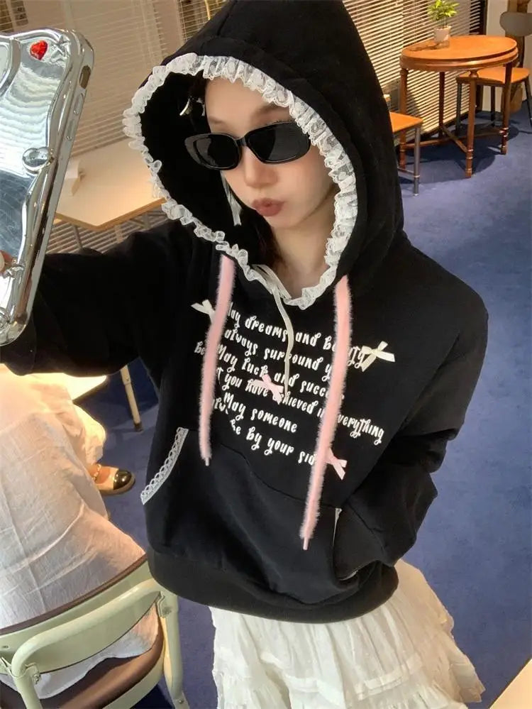 Retro Preppy Casual Loose Sweatshirt Long Sleeved Kawaii Letter Print Hoodies Lace Hooded Top Women Clothing Small bow trim