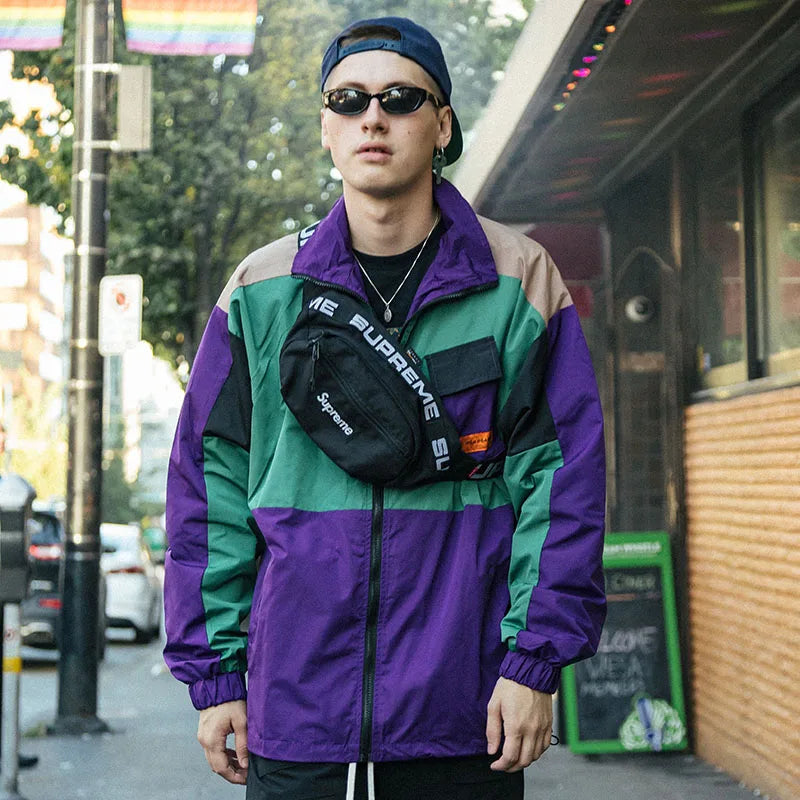 Men Hip Hop Streetwear Jacket Coat Retro Color Block Patchwork Harajuku Jacket Windbreaker Oversized Track Jacket Pocket Autumn