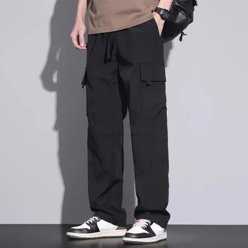 Men's Baggy Straight Combat Cargo Pants Basic Versatile Outdoor Sports Ripstop Trousers Multi Pockets Wide Leg Casual Pants Male