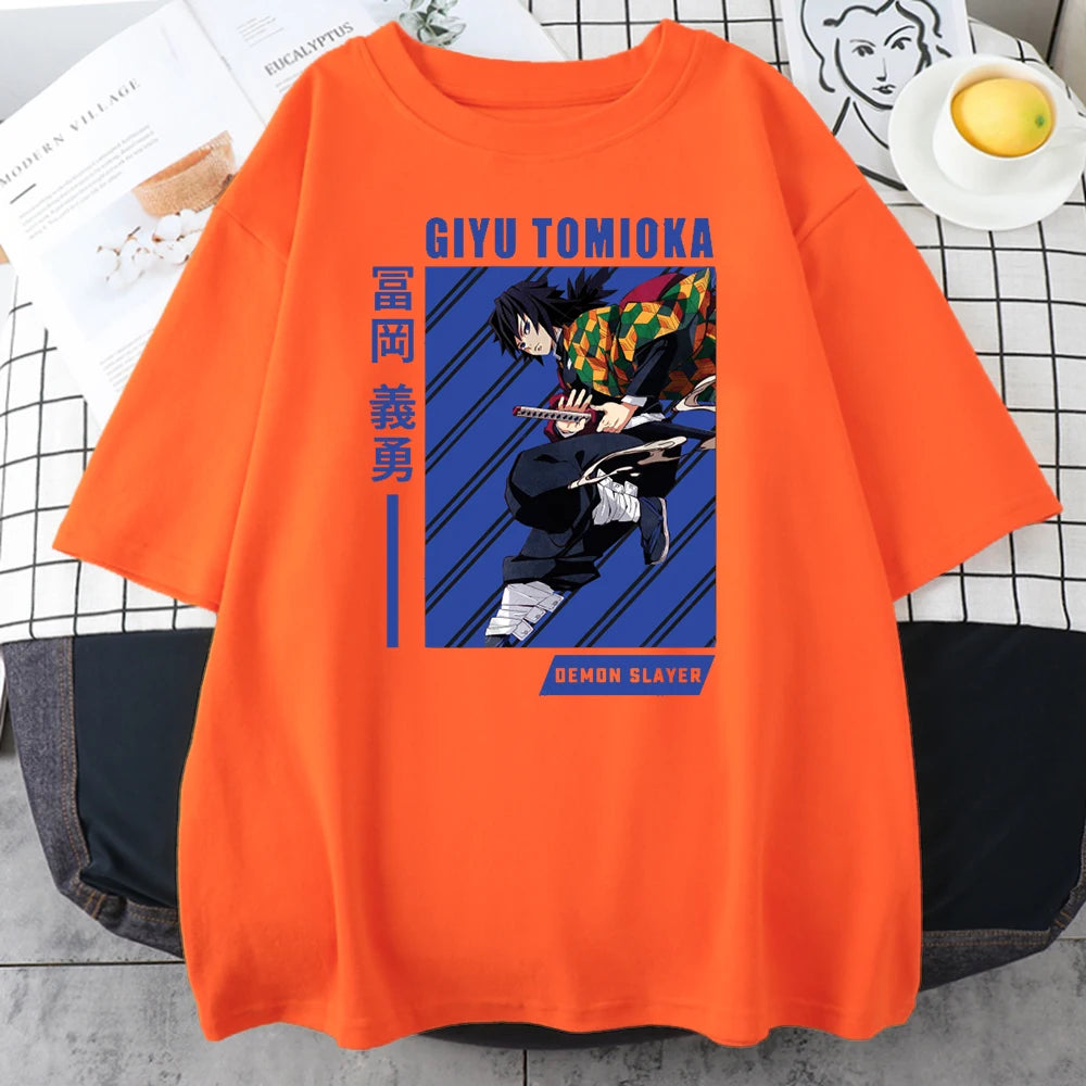 Giyu Tomioka Anime Demon Slayer Prints Mens Cotton T-Shirts Personality Trend Casual Short Sleeve All-math Oversize Man Clothing