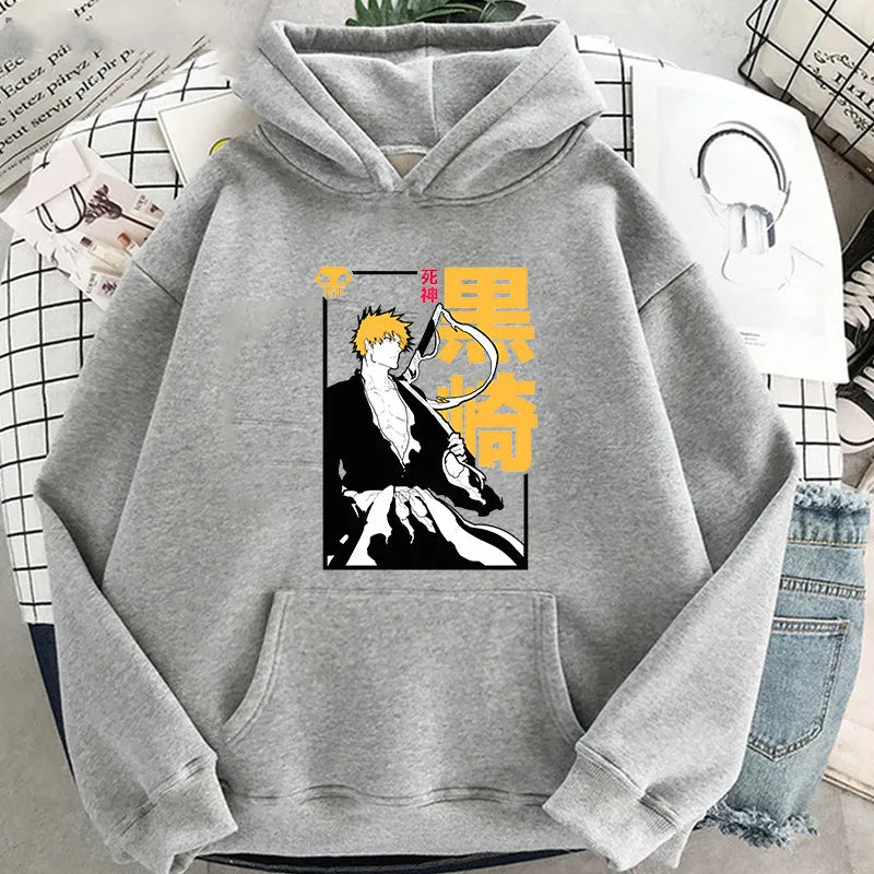 Harajuku Anime BLEACH Kurosaki Ichigo Yellow Letter Print Hoodies Funny Japan Cartoon Manga Winter Casual Men Women Sweatshirt