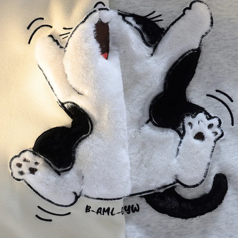 Japanese Kawaii Flock Embroidery Cartoon Cat Patchwork Hoodies Thicken Kangaroo Pocket Baggy Street Sweatshirt All-Matching Top