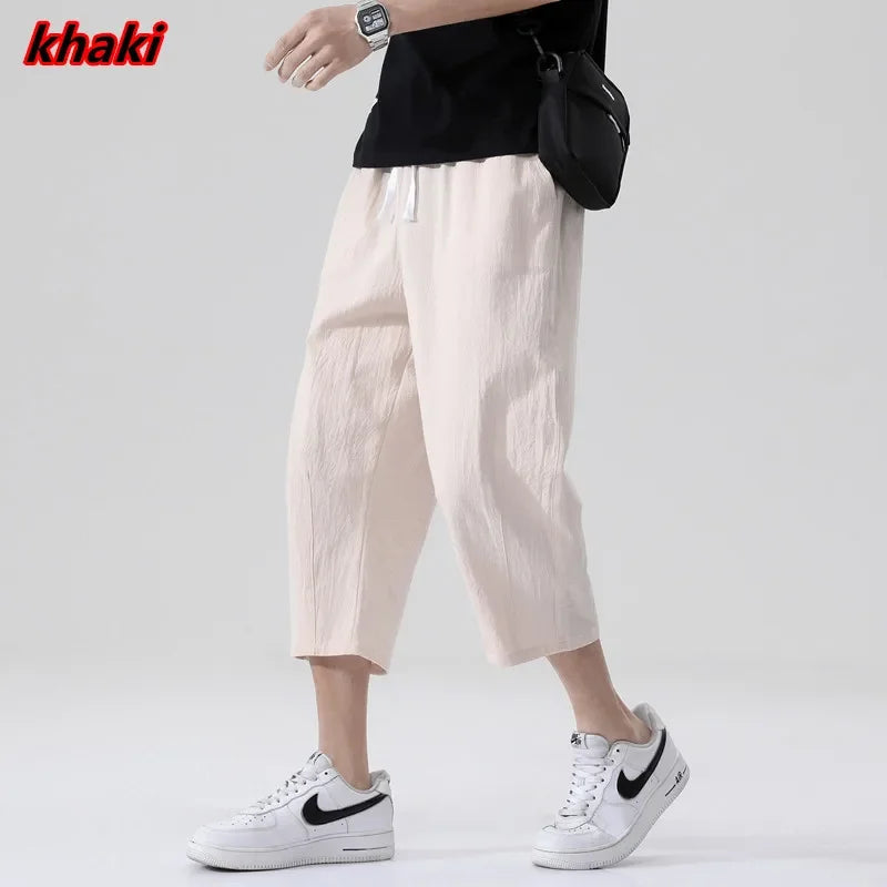 Summer Casual Pants Men's Wild Cotton and Linen Loose Linen Pants Korean Style Trend Nine-point Straight Trousers