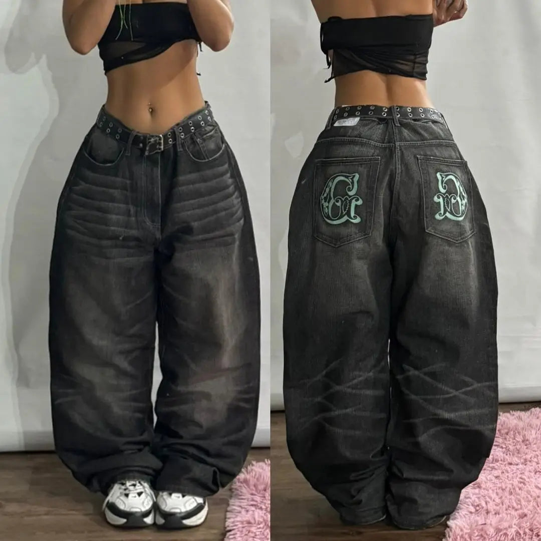 American Hip Hop New Big Pocket Baggy Casual Jeans Women Y2K Gothic Vintage Joker Fashion High Waist Wide Leg Denim Trousers