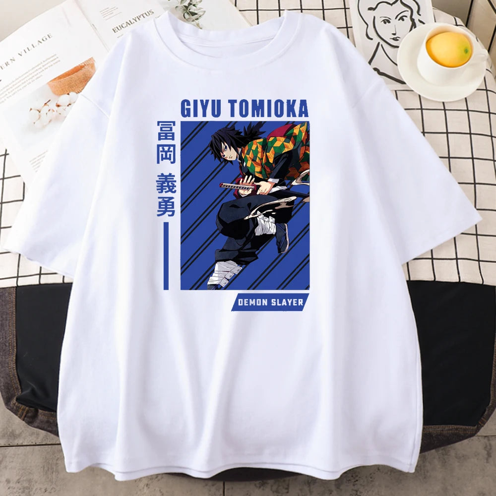 Giyu Tomioka Anime Demon Slayer Prints Mens Cotton T-Shirts Personality Trend Casual Short Sleeve All-math Oversize Man Clothing