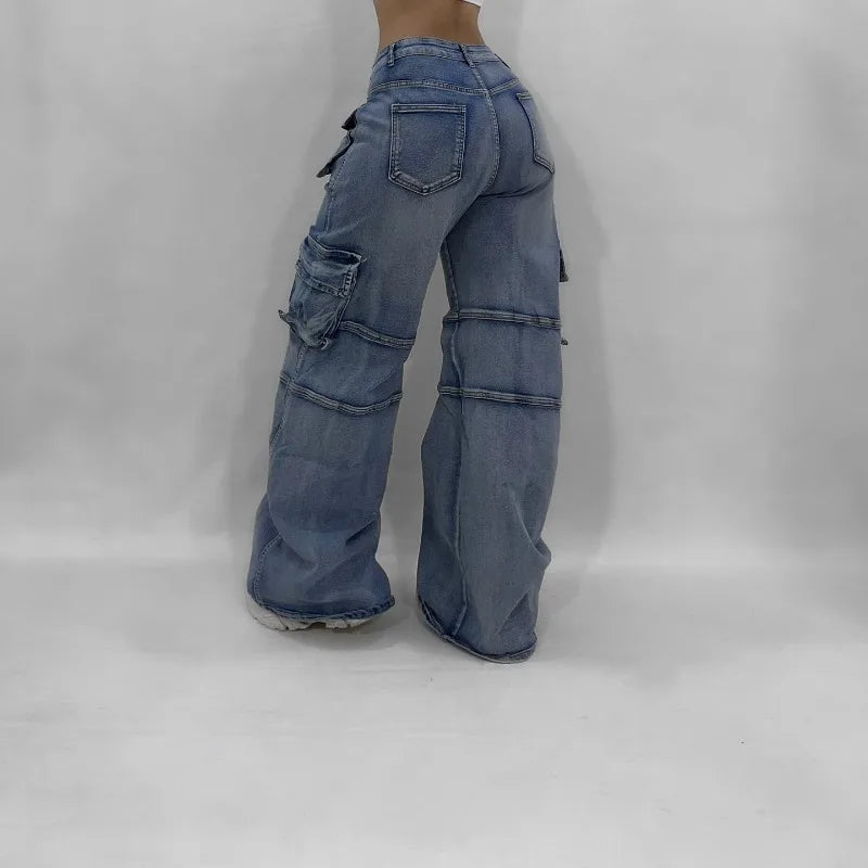 American Hip Hop New Big Pocket Baggy Casual Jeans Women Y2K Gothic Vintage Joker Fashion High Waist Wide Leg Denim Trousers