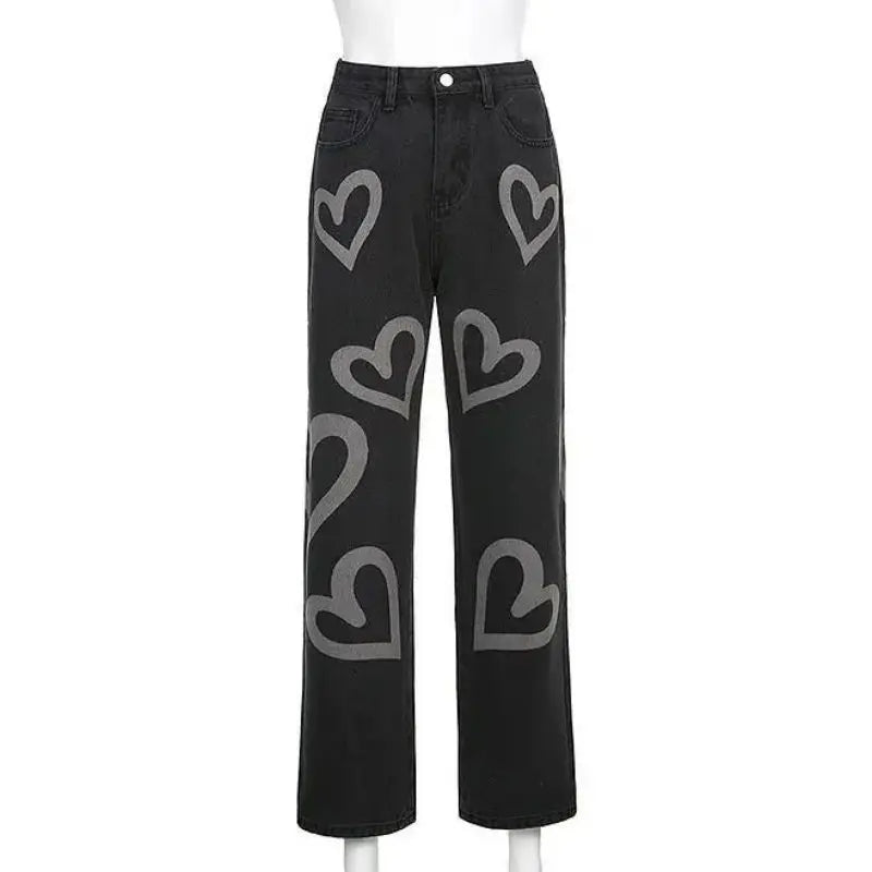 2022 Fashion Trousers Medium Wash High Waist Heart Print Wide Leg Jeans