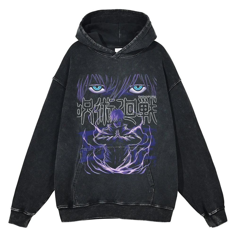 Hot Anime Jujutsu Kaisen Satoru Gojo Print Hooded Men Women Oversized Hoodies Manga Washed Cotton Pullover Harajuku Sweatshirt