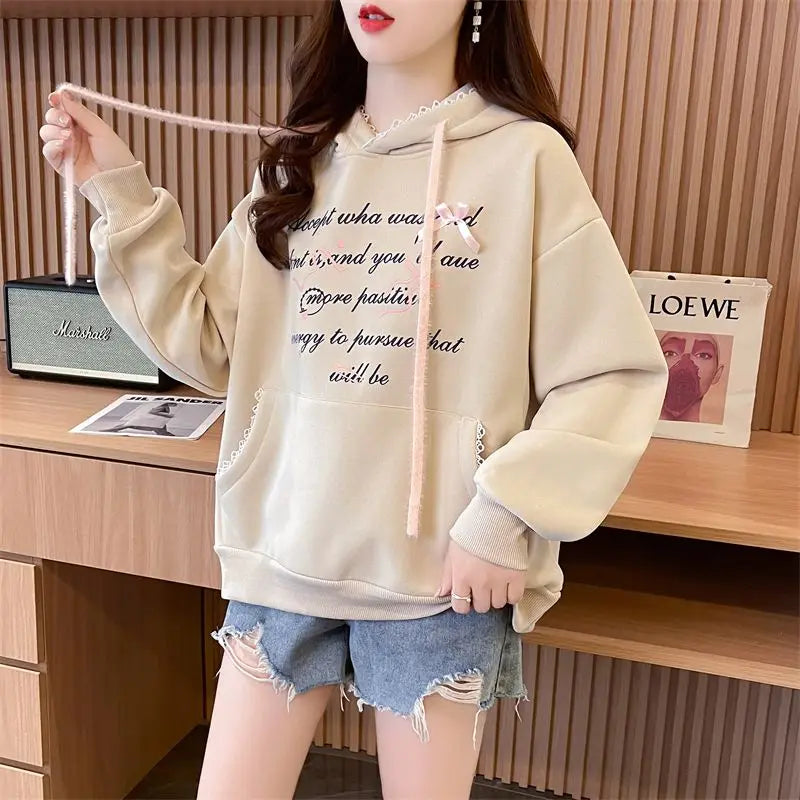 Retro Preppy Casual Loose Sweatshirt Long Sleeved Kawaii Letter Print Hoodies Lace Hooded Top Women Clothing Small bow trim