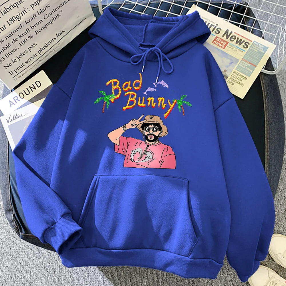 Bad Bunny Beach Vacation Print Women Clothing Fashion Oversize Hoodies Creativity Fleece Streetwear Casual Soft Womens Hoodie