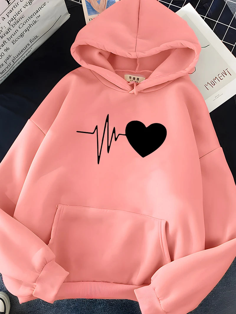 Hirsionsan Heart Print Women Sweatshirt Soft Casual Loose Vintage Female Hoodies 2023 Winter New Warm Fleece Student Tops Y2k