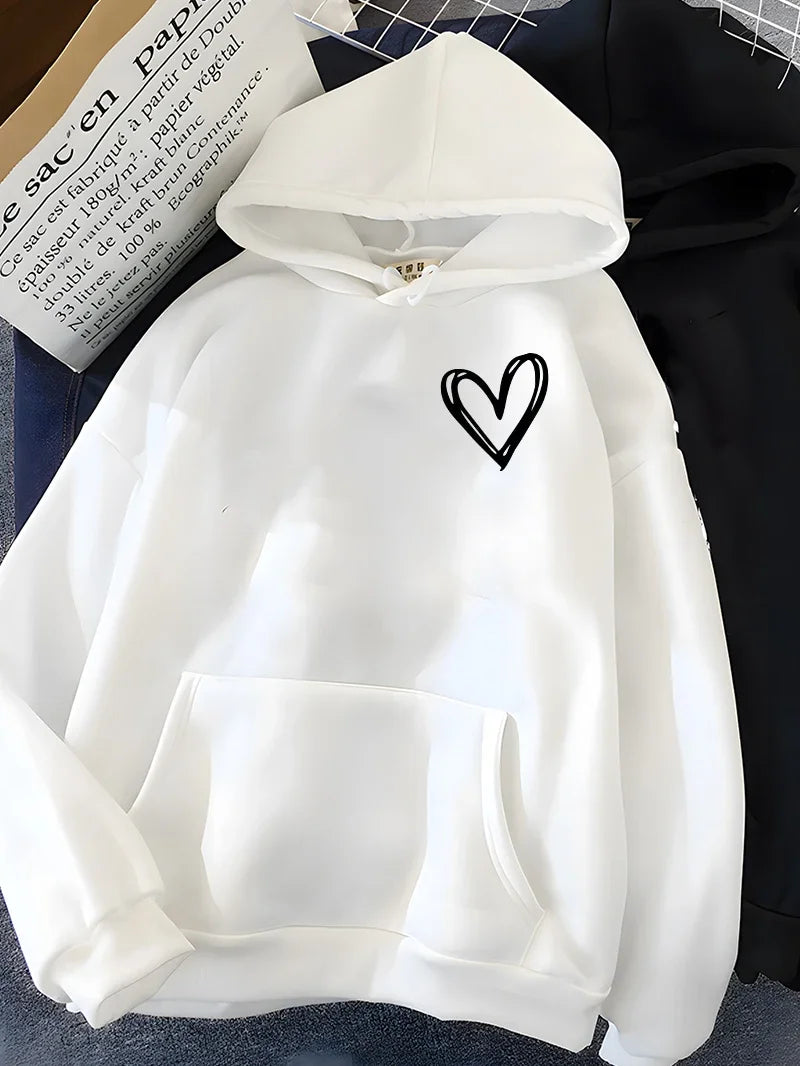 Hirsionsan Simplic Heart Print Women Sweatshirt Soft Casual Loose Vintage Female Hoodies 2024 Winter Warm Fleece Student Tops