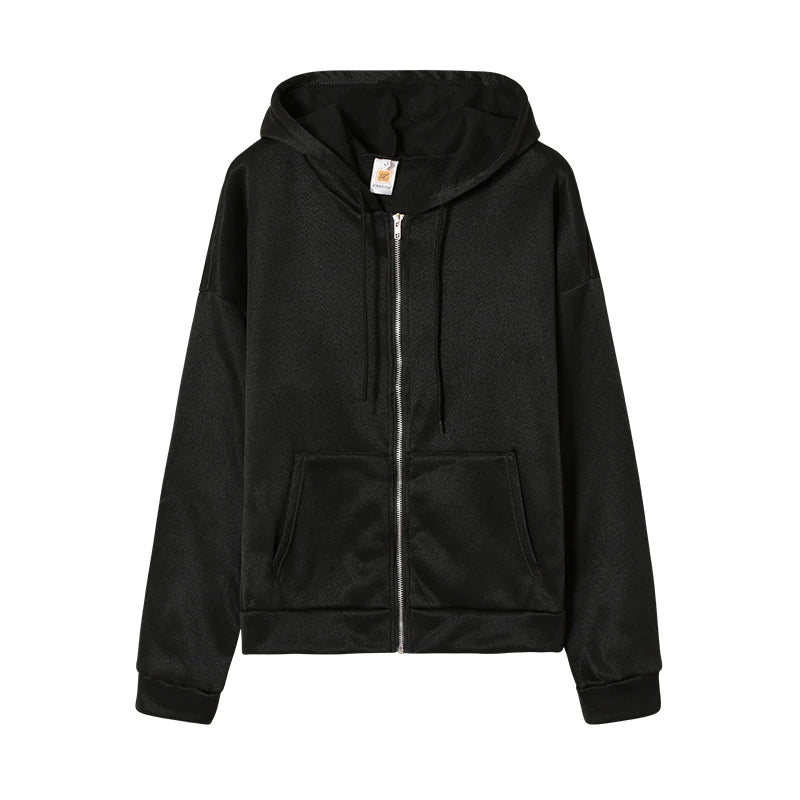 Autumn Fleece Hoodie Solid Color Hooded Korean Fashion Sweatshirts Long Sleeve Top Drawstring Pockets Loose Zipper Black Hoodies