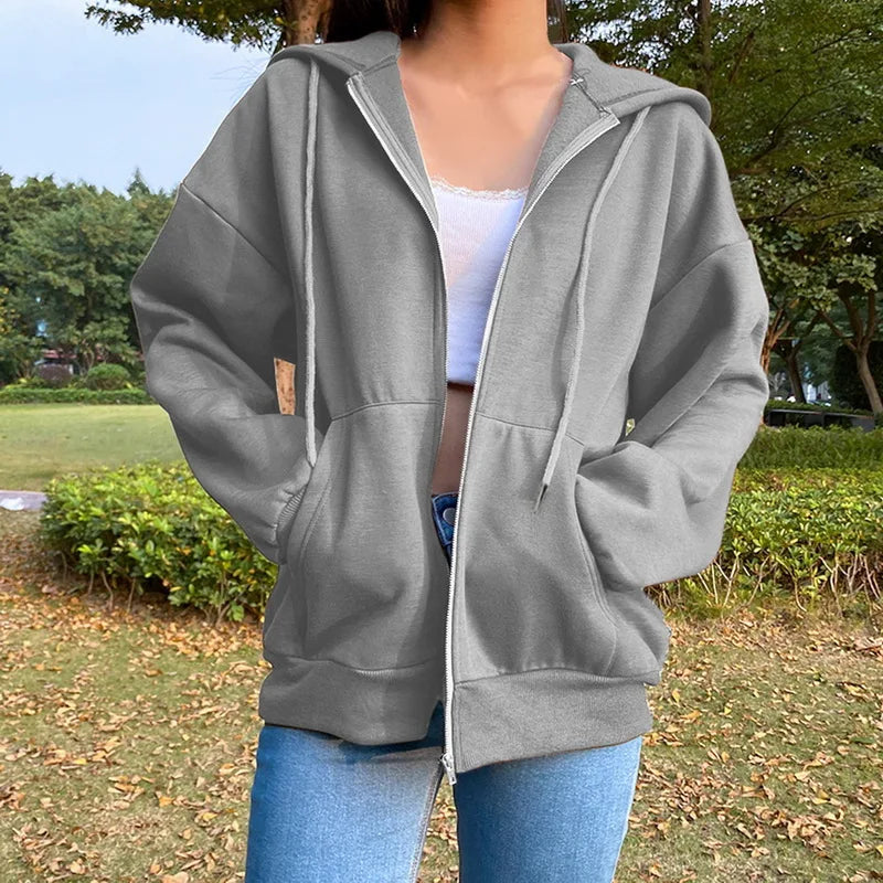 Autumn Fleece Hoodie Solid Color Hooded Korean Fashion Sweatshirts Long Sleeve Top Drawstring Pockets Loose Zipper Black Hoodies