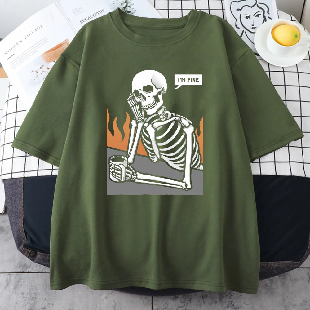 Skeletons In Meditation And Keep Alone Prints Mans Cotton Short Sleeve Personality Street Hip Hop Clothing Casual Men T-Shirts