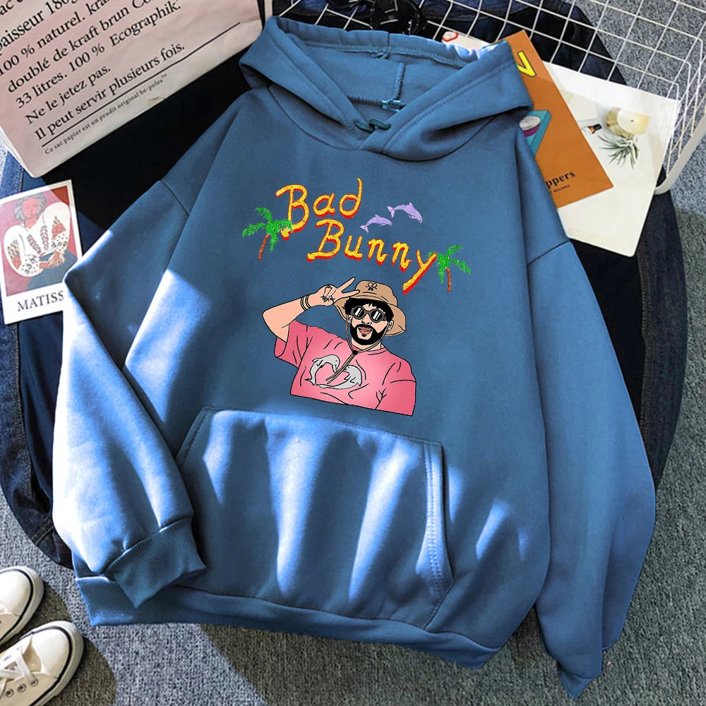 Bad Bunny Beach Vacation Print Women Clothing Fashion Oversize Hoodies Creativity Fleece Streetwear Casual Soft Womens Hoodie