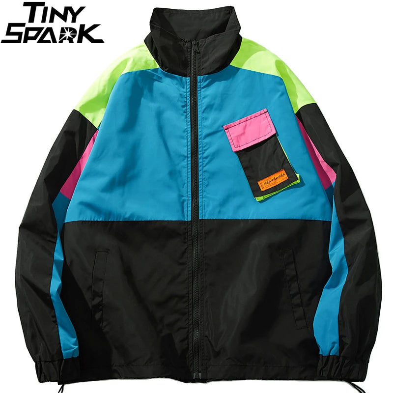 Men Hip Hop Streetwear Jacket Coat Retro Color Block Patchwork Harajuku Jacket Windbreaker Oversized Track Jacket Pocket Autumn