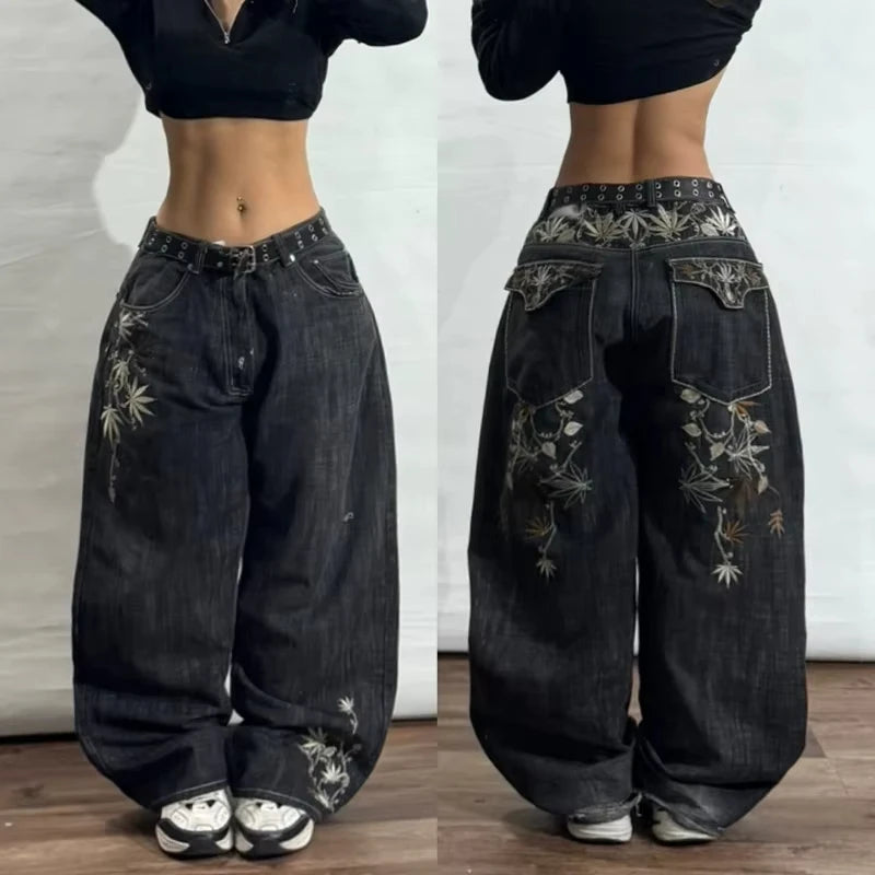 American Hip Hop New Big Pocket Baggy Casual Jeans Women Y2K Gothic Vintage Joker Fashion High Waist Wide Leg Denim Trousers