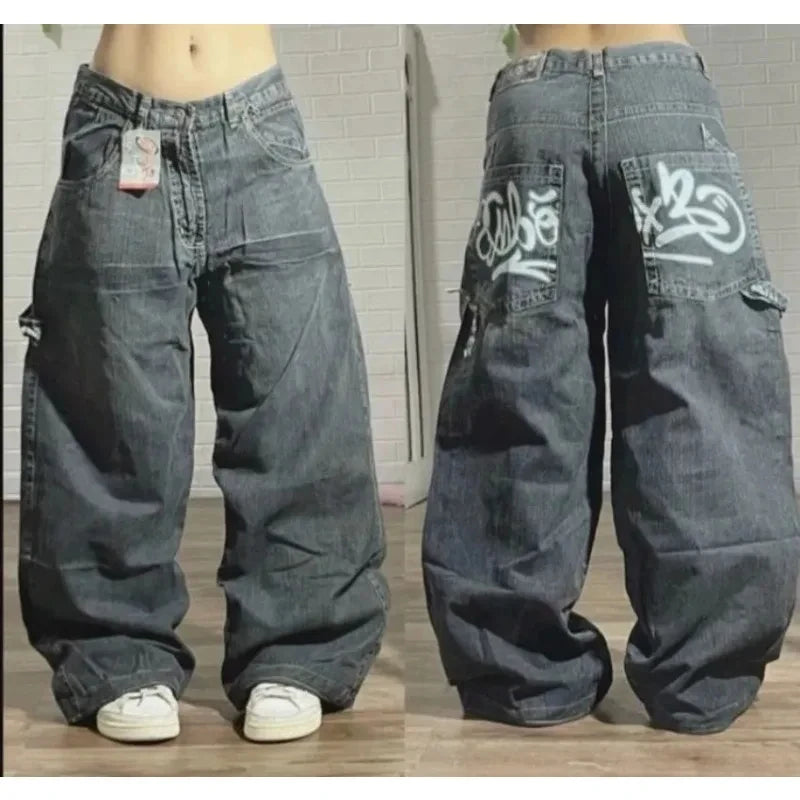 American Hip Hop New Big Pocket Baggy Casual Jeans Women Y2K Gothic Vintage Joker Fashion High Waist Wide Leg Denim Trousers