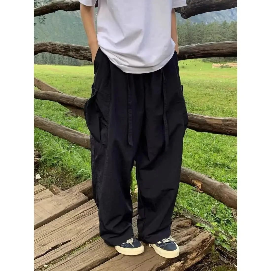 Spring Autumn Solid Color Pockets Elastic High Waisted Casual Loose Fashionable Retro Men's Clothing Trousers Cargo Pants