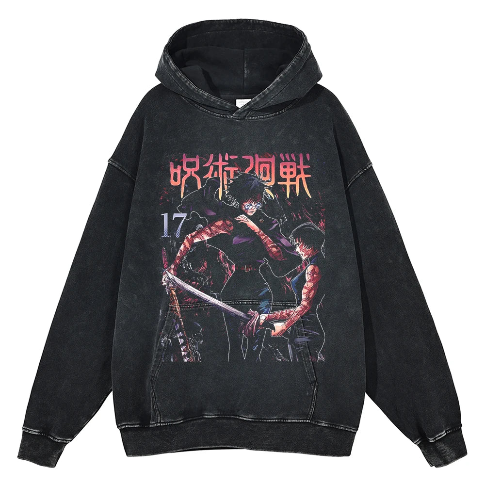 Hot Anime Jujutsu Kaisen Satoru Gojo Print Hooded Men Women Oversized Hoodies Manga Washed Cotton Pullover Harajuku Sweatshirt