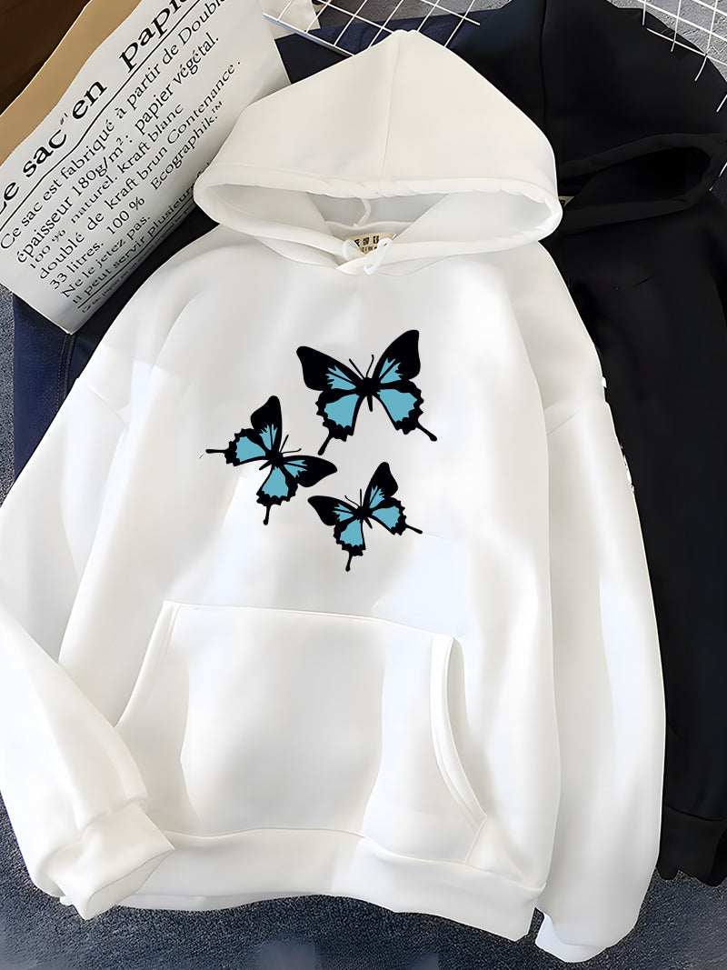 Hirsionsan Butterflies Print Women Sweatshirt Soft Casual Loose Female Hoodies 2023 Winter New Warm Fleece Tops for Girls