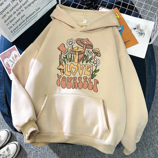 Cottagecore Style Mushroom Love Yourself Cute Women Clothes Fashion Pullover Hoody Loose Pocket Sweatshirt Fleece Hoodie Woman