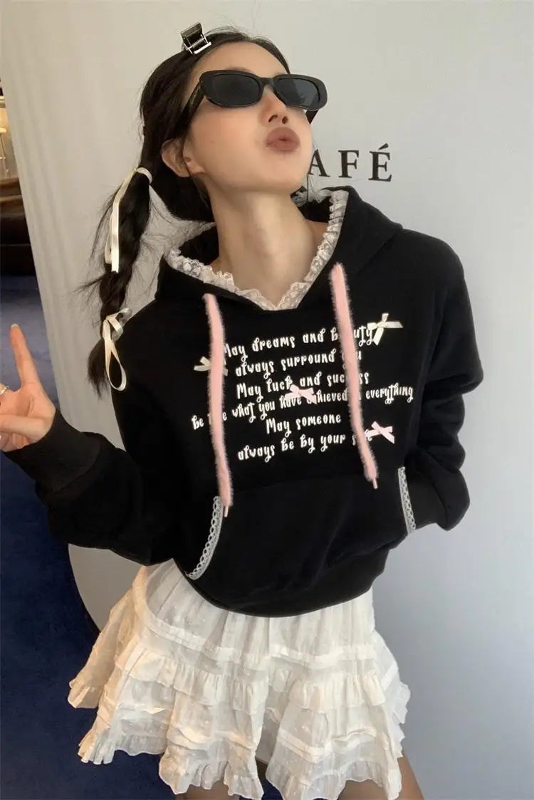 Retro Preppy Casual Loose Sweatshirt Long Sleeved Kawaii Letter Print Hoodies Lace Hooded Top Women Clothing Small bow trim