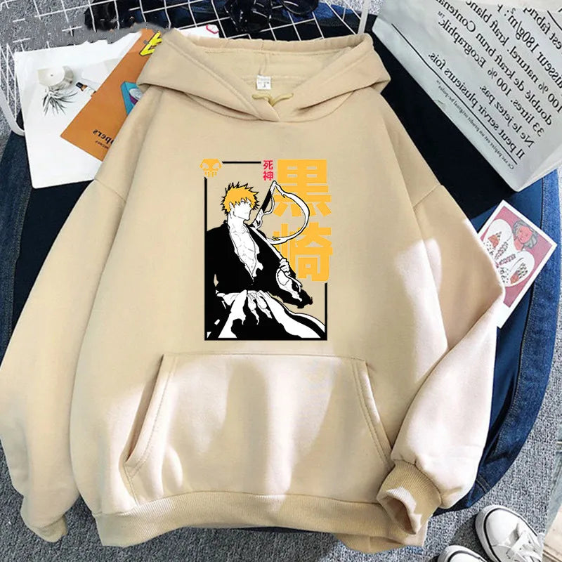 Harajuku Anime BLEACH Kurosaki Ichigo Yellow Letter Print Hoodies Funny Japan Cartoon Manga Winter Casual Men Women Sweatshirt