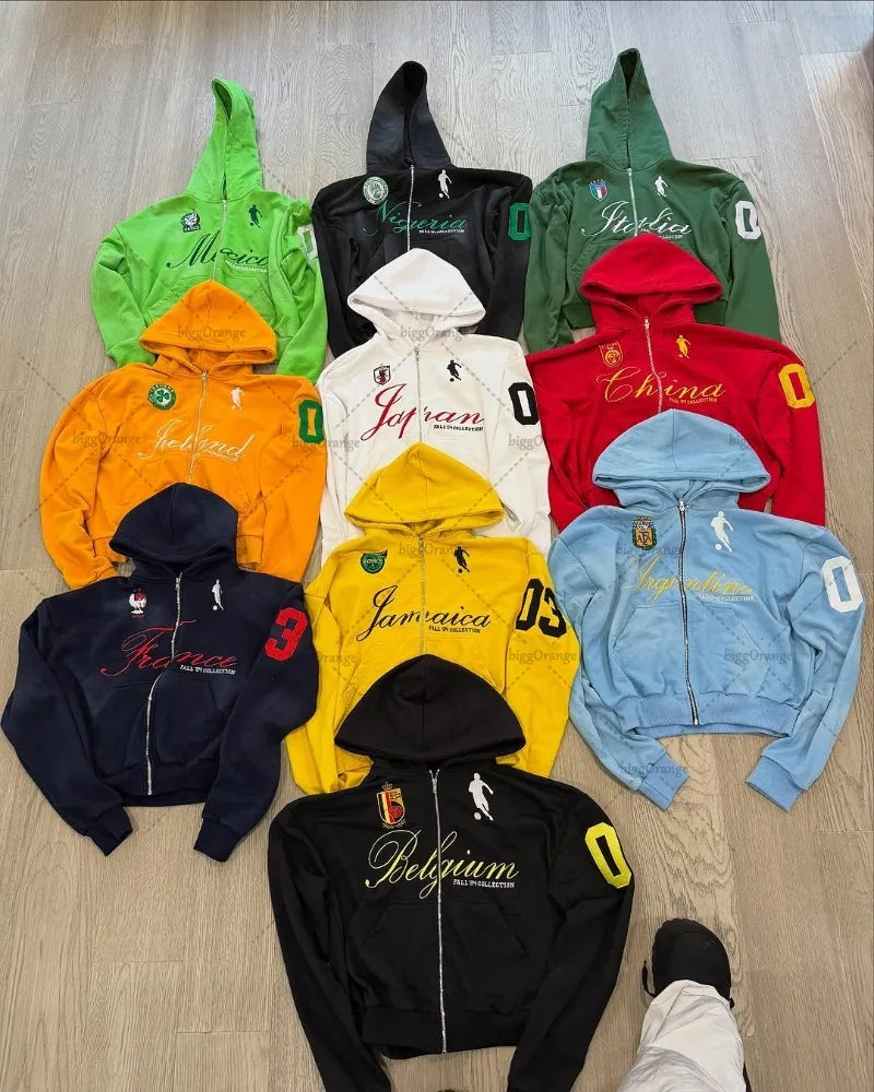 2025 Trendy Streetwear Jacket American Retro Colorful Harajuku Zipper Hoodie Men Hip Hop Punk Casual Loose Oversized Sweatshirt