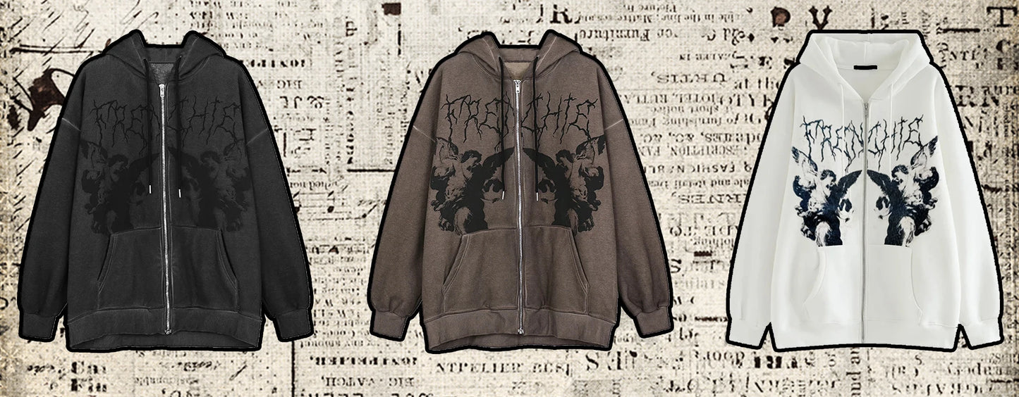 Vintage Angel Print Oversized Hoodies Female Zip Up Long Sleeve Women's Sweatshirt Y2K Aesthetic Autumn Gothic Grunge Streetwear