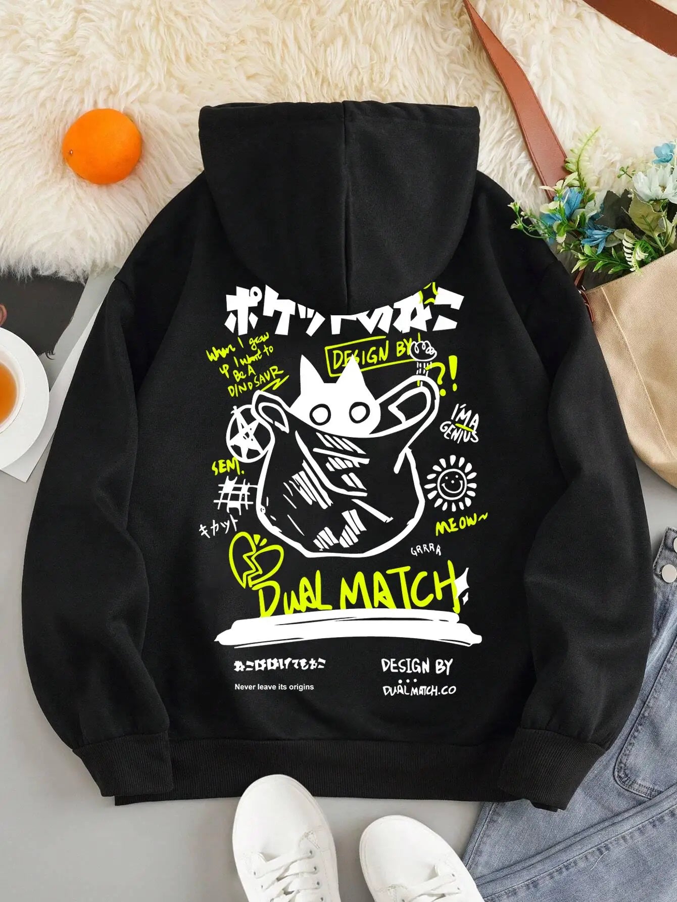 Y2K Womens Cartoon Hoodies Summer Harajuku Kawaii Cat Printed Pullovers Tops Couple Streetwear Pocket Loose Sweatshirt Clothes