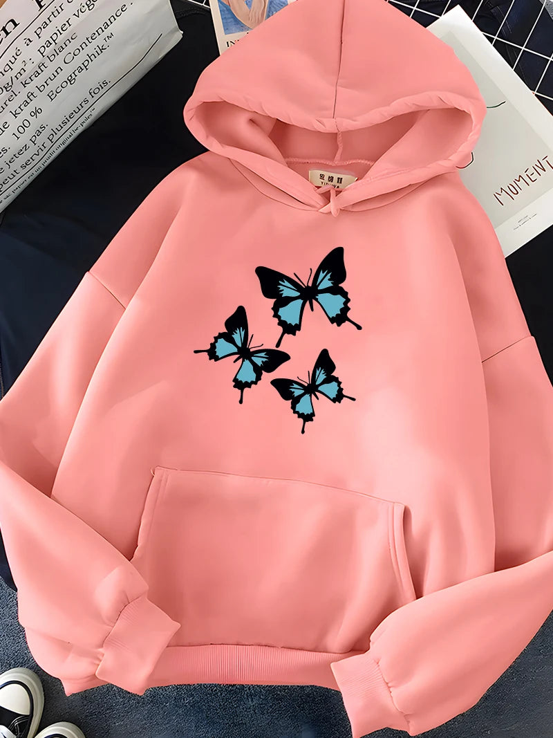 Hirsionsan Butterflies Print Women Sweatshirt Soft Casual Loose Female Hoodies 2023 Winter New Warm Fleece Tops for Girls