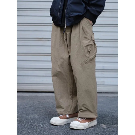 Spring Autumn Solid Color Pockets Elastic High Waisted Casual Loose Fashionable Retro Men's Clothing Trousers Cargo Pants