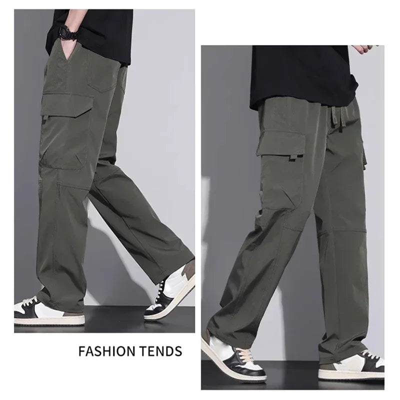 Men's Baggy Straight Combat Cargo Pants Basic Versatile Outdoor Sports Ripstop Trousers Multi Pockets Wide Leg Casual Pants Male