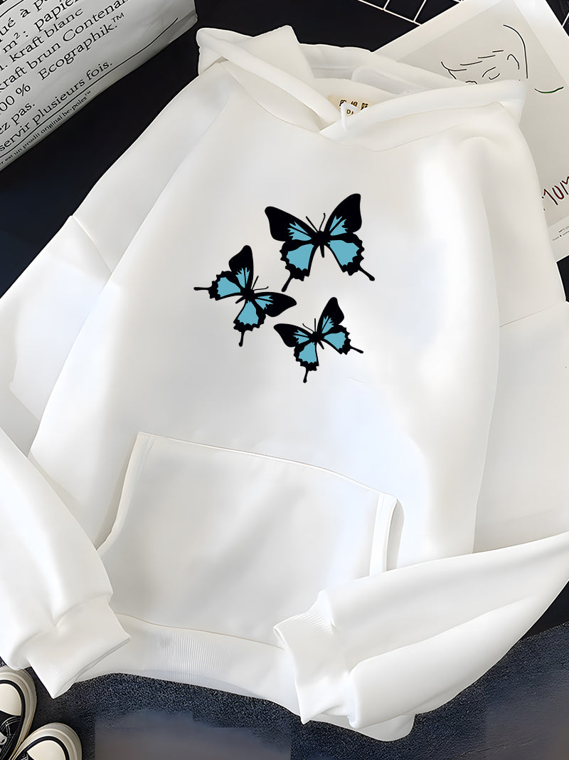 Hirsionsan Butterflies Print Women Sweatshirt Soft Casual Loose Female Hoodies 2023 Winter New Warm Fleece Tops for Girls