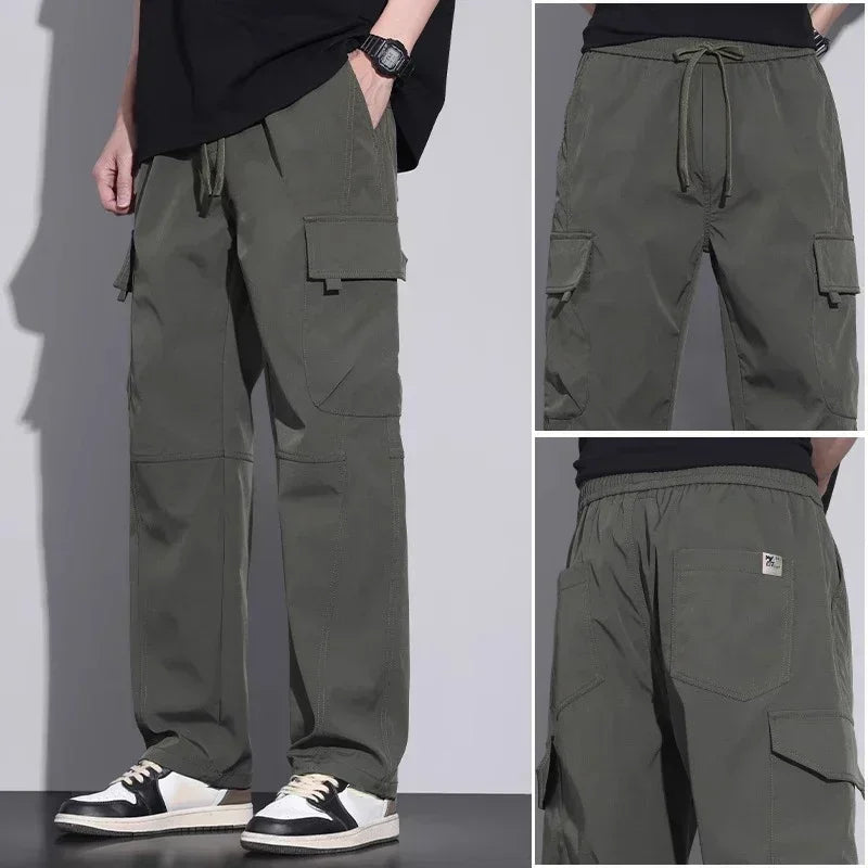 Men's Baggy Straight Combat Cargo Pants Basic Versatile Outdoor Sports Ripstop Trousers Multi Pockets Wide Leg Casual Pants Male