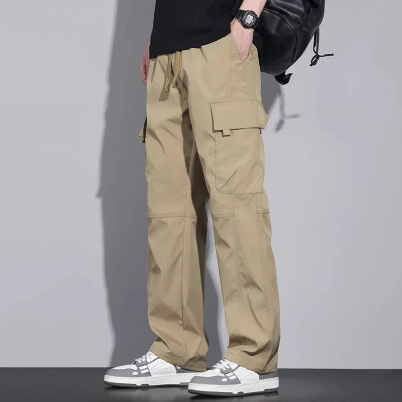 Men's Baggy Straight Combat Cargo Pants Basic Versatile Outdoor Sports Ripstop Trousers Multi Pockets Wide Leg Casual Pants Male