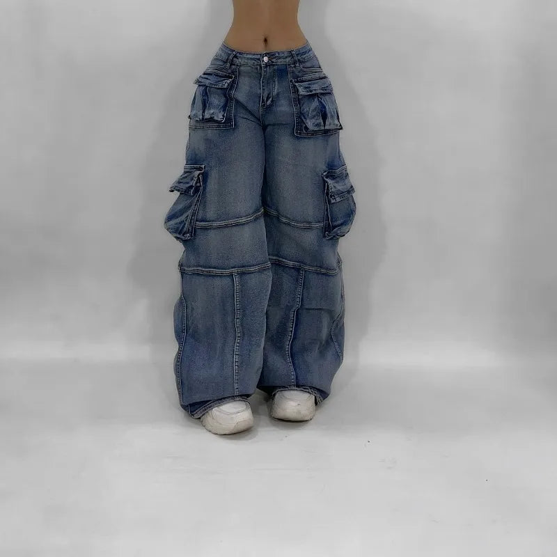 American Hip Hop New Big Pocket Baggy Casual Jeans Women Y2K Gothic Vintage Joker Fashion High Waist Wide Leg Denim Trousers